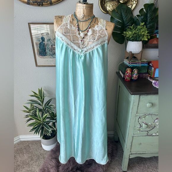 Nicole Other - Vintage 80s Nicole Teal Blue Green Cream Lace Satin Maxi Night Gown L Coquette